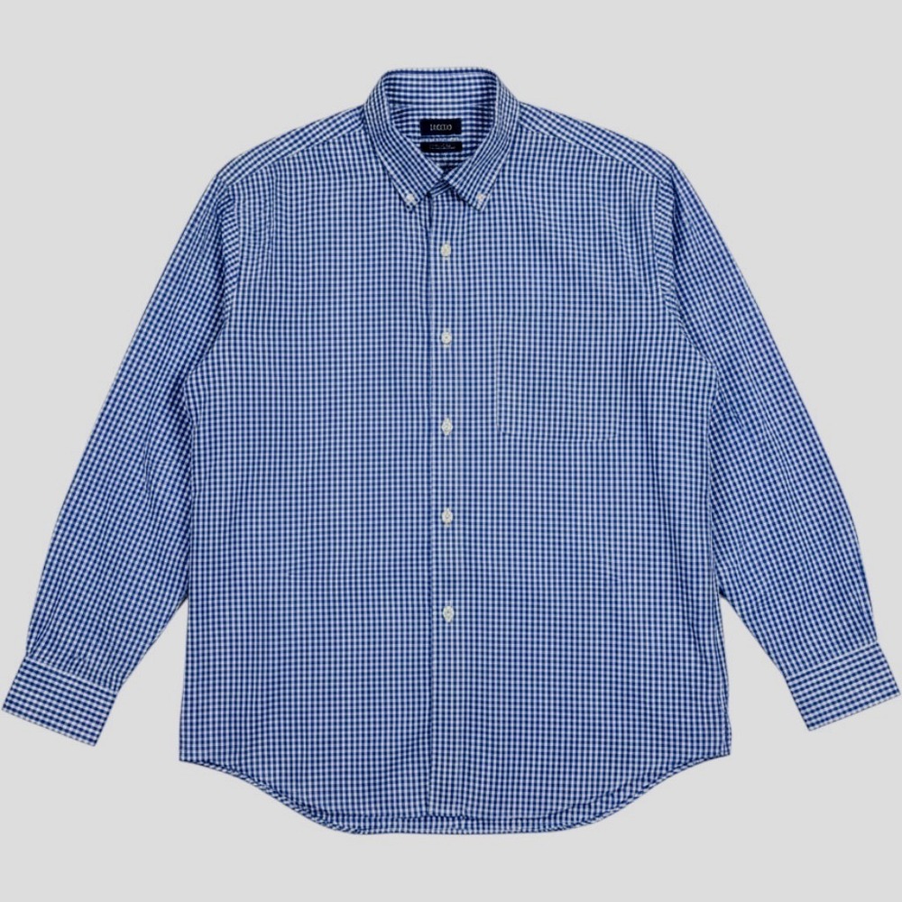 IZOD Mens XL Blue Gingham Button Down Shirt Non Iron Stretch Long Sleeve